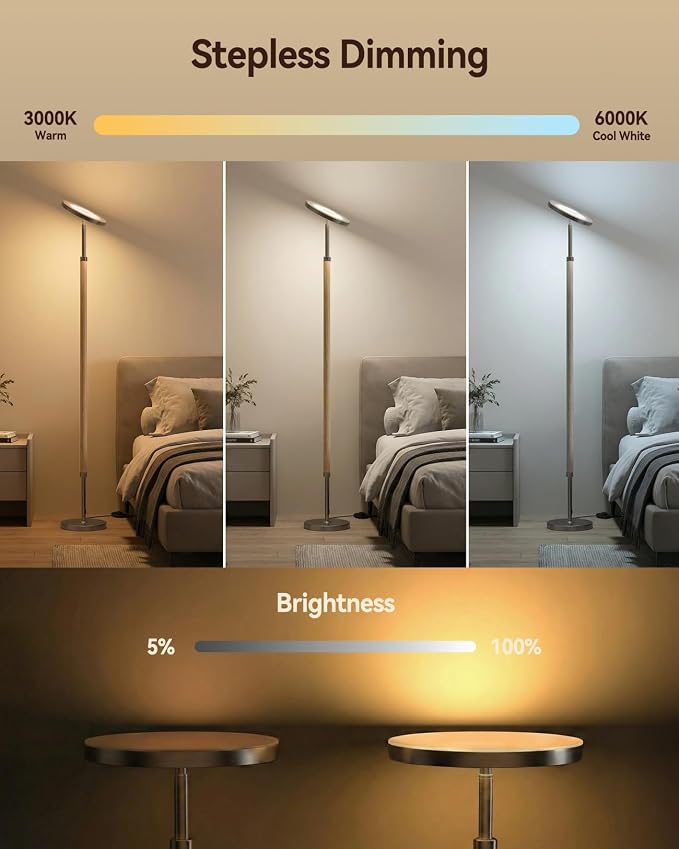 Wood LED Torchiere Floor Lamp with Remote, 3000LM Dimmable | 69" Tall Uplight, 3000K-6500K Color Temperature, 1-Hour Timer, Eye-Caring Lighting, For Living Room, Bedroom & Office