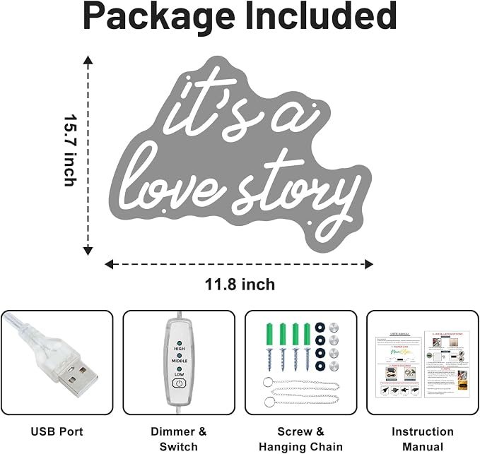 Its a Love Story Neon Sign, Cold White USB Led Light Up Signs for Bedroom Aesthetic Birthday Wedding Party Gift Boyfriend Girlfriend Lover Women Men Room Bathroom Decoration Gift, 15.7 x 11.8 Inch