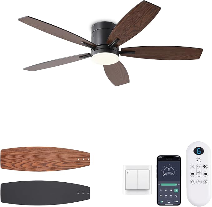 KNUN 51 inch Ceiling Fan with Light and Remote/App Control, Flush Mount Low Profile, Reversible DC Motor, Brown Modern Ceiling Fan with Light, Dimmable,Noiseless,for Bedroom Living Room