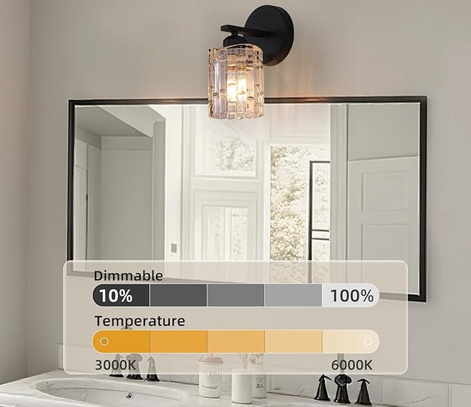 1-Light Modern Matte Black Crystal Wall Sconce, Hardwired Indoor Bathroom Vanity Light Fixture, Crystal Over Mirror Wall Lamp for Living Room, Bedroom, Hallway