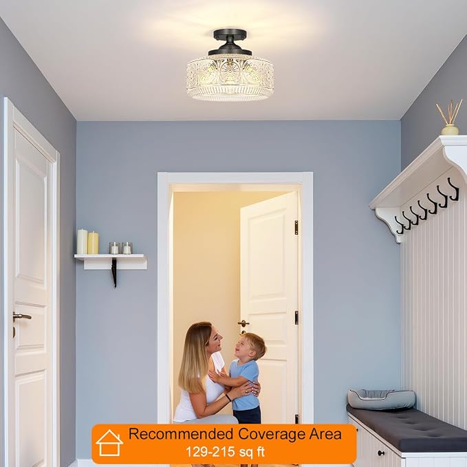 DSMJFU Black Semi Flush Mount Ceiling Light, 3-Light Vintage Ceiling Light Fixture, Hallway Lighting Fixture with Thickened Glass, 12In Kitchen Ceiling Mount Light for Entryway Bedroom Bathroom, E12*3