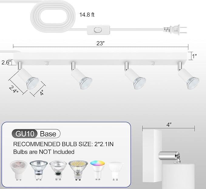AUQUEE Plug in Track Light, White, 23", 4 Way GU10 Track Ceiling Lighting | Wall Spotlight, Rotatable Track Head, For Kitchen Cabinet Gallery Bar Hallway Living Room, Rocker Switch, 15 FT Cord