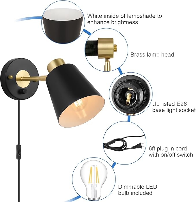 Plug in Wall Sconce, Dimmable Wall Sconce Adjustable Wall Lights with Plug in Cord and Dimmer On/Off Rotary Switch, Wall Mounted Light for Bedside Bedroom Doorway(One Bulb Included)