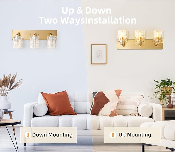 3 Lights Brushed Gold Crystal Bathroom Vanity Light,Modern Bathroom Wall Light,Crystal Over Mirror Light Fixtures for Living Room, Bedroom, Hallway
