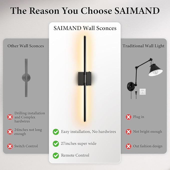 Wall Sconces Set of 2 Battery Operated, Wireless USB 8000mAh Rechargeable Wall Lights with Remote Control,3000K-6000K LED Dimmable Decor Lamp for Living Room,Bedroom,Hallway (27in Black)