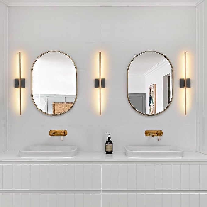 KUZZULL Modern Light Fixture Set of Two 27.8x4.3x3.4in Black and Brass Gold Sconces 1200Lm LED Wall Lights for Bathroom, Living Room, Corridor