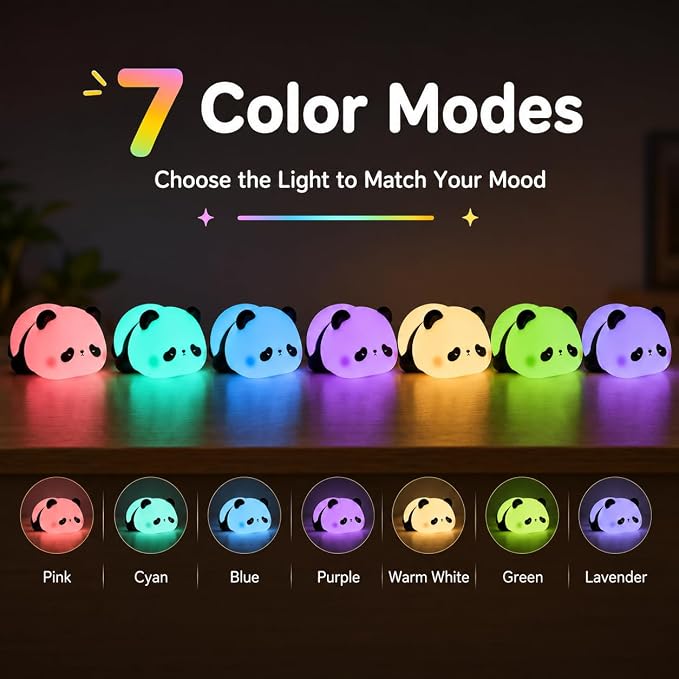 Cute Panda Night Light for Kids, 7-Color Changing Silicone Squishy Lamp, Tap Control USB Rechargeable Portable Night Light for Baby Nursery, Bedroom Desk Decor, Birthday Christmas Gift