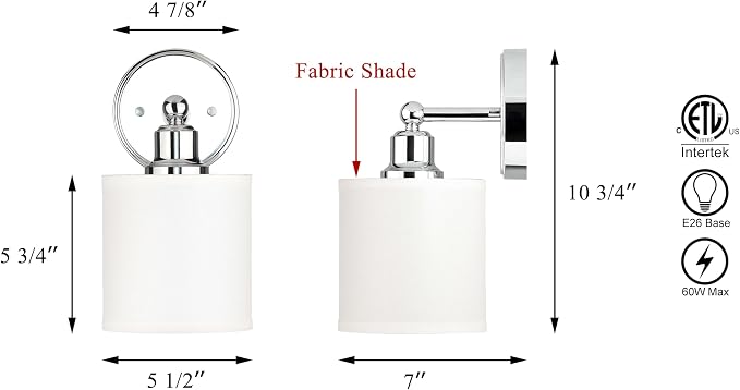XiNBEi Lighting Chrome Bathroom Wall Sconce 1 Light with Drum Fabric Shade | Modern Single Vanity Light Fixture Next to Mirror, Wall Light For Bath Bedroom Living Room Kitchen Hallway Foyer