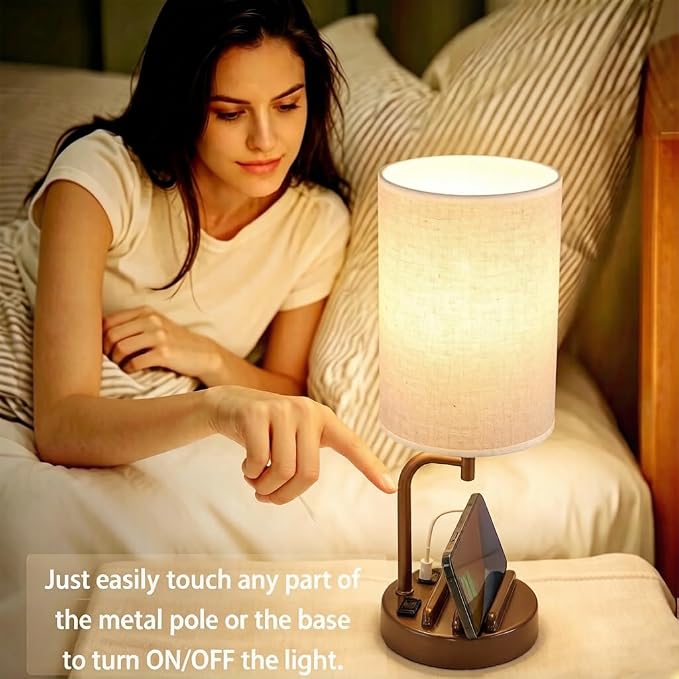 Dreamholder Touch Control USB Table Lamp with USB C/A & AC Outlet, 3-Way Dimmable Bedside Lamp, Modern Nightstand Lamps for Bedroom Living Room Guest Room Office, Bulb Included, Brown