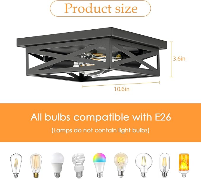 2-Lights Flush Mount Ceiling Light, Farmhouse Close to Ceiling Light Fixtures, 11 Inch Indoor Retro Metal Black Cross Cage Square Ceiling Light Fixtures for Hallway Kitchen Bedroom