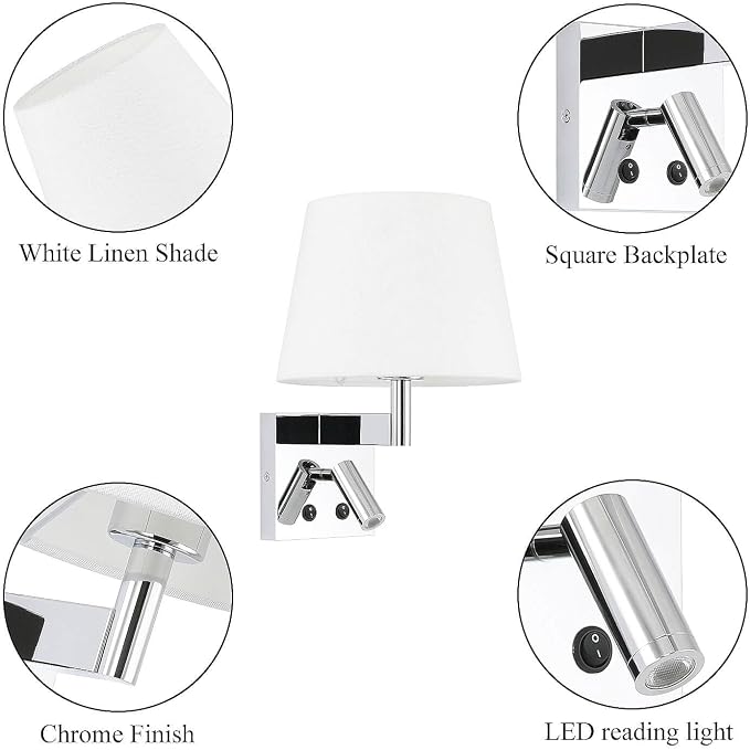 XiNBEi Lighting Wall Sconce with LED Reading Light for Living Room, Chrome | Bedroom Wall Lamp, White Fabric Shade & On/Off Switch, Wall Mounted Reading Lights, For Bedside Office & Hotel