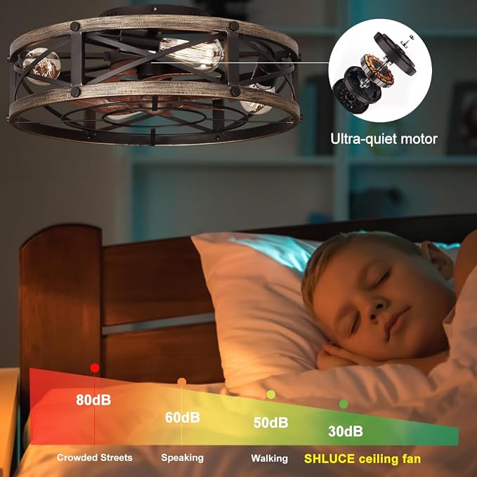 SHLUCE Caged Ceiling Fan with Light and Remote, Farmhouse Fandelier | 19" Flush Mount Small Rustic Low Profile Bladeless Design, Quiet Operation, ETL Listed, for Kitchen & Bedroom Indoor Use