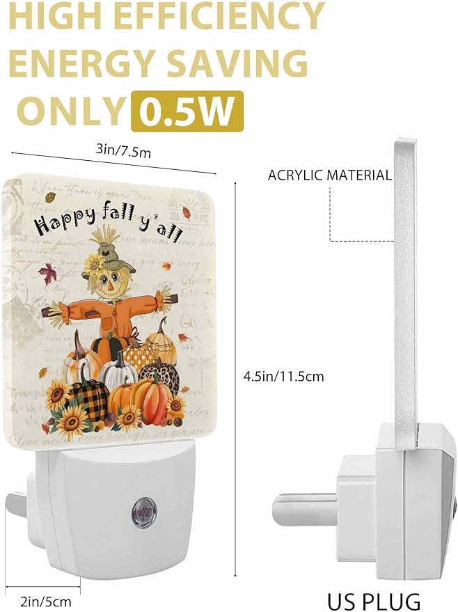 Thanksgiving Night Lights Plug into Wall LED Night Light Autumn Pumpkin Vintage Automatic Dimmable Dusk-to-Dawn Square Shaped Smart Nightlight for Bathroom/Bedroom