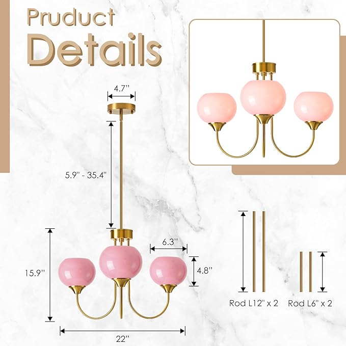 Pink Glass Globe Chandelier 3 Light Mid Century Modern Chandeliers with Rod Vintage Art Decor Ceiling Light Fixtures for Dining Room Kitchen Living Room