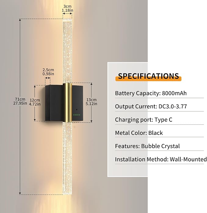 Battery Operated Sconces Set of 2, 28in Rechargeable Wireless Wall Lights | 8000mAh Dimmable Modern LED Wall Lamp Fixtures with Timer Function for Living Room Bedroom Bathroom Hallway, Black
