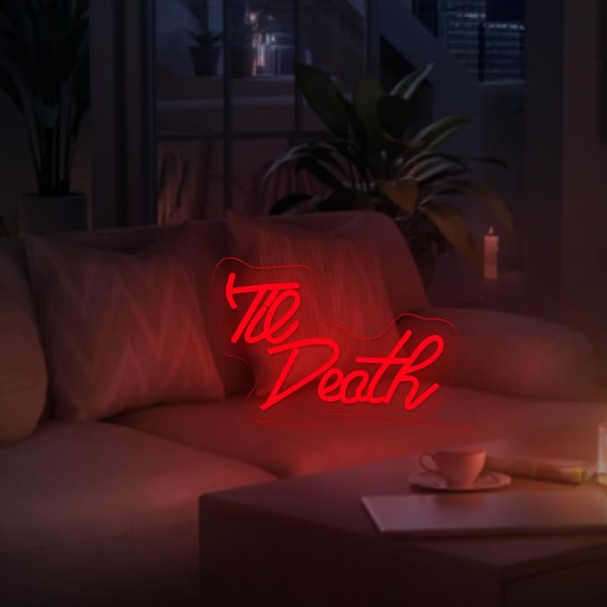 The death Neon Sign for Wall Decor, Red Dimmable USB Powered LED Neon Light Sign, Romantic Neon Wall Lights for Bedroom Wedding Engagement Bachelorette Party Aesthetic Room Decor, Unique Couple Gift for Bride Groom Anniversary Valentine’s Day