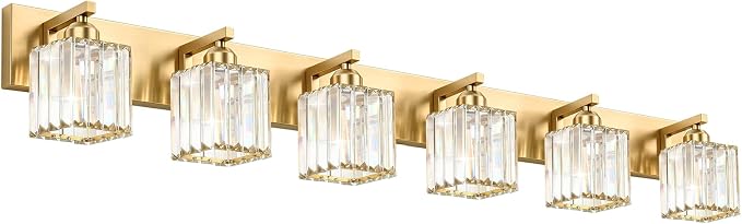 Gold Crystal Bathroom Vanity Light, 6-Light Modern Bathroom Lighting Fixtures Over Mirror,Chrome Wall Sconce Light Fixtures with Square Shade