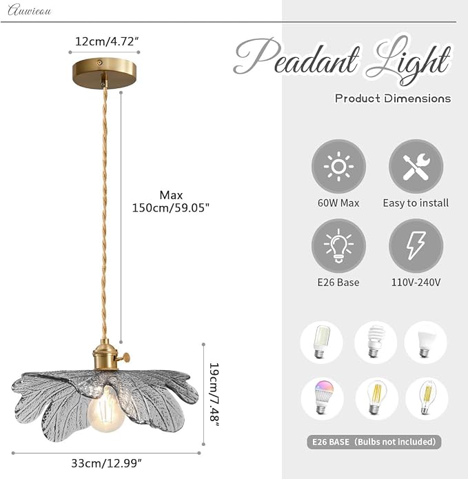 Vintage Ceiling Pendant Light with Gray Glass Flower Shade Farmhouse Hanging Light in Brushed Brass Gold, Adjustable 59“ Cord for Kitchen Island, Dining Room & Bedroom Ceiling Lighting