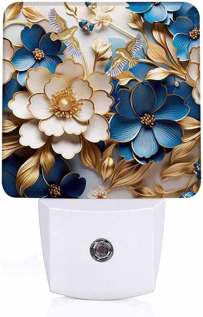 LED Night Light Lamp with Smart Sensor Dusk to Dawn Sensor,Gold and Blue Flowers Night Light Daylight White,0.5W Plug-into Wall for Adults,Bedroom,Bathroom,Hallway,Kitchen
