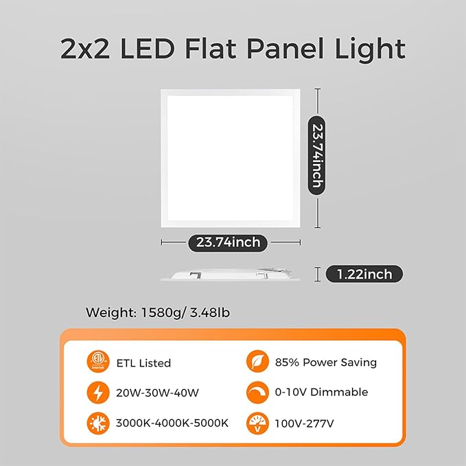 24 Pack 2x2 Led Flat Panel Light, Drop Ceiling Light 0-10V Dimmable | 20/30/40W Selectable, 3000K/4000K/5000K Switchable, 120-277V, ETL Listed