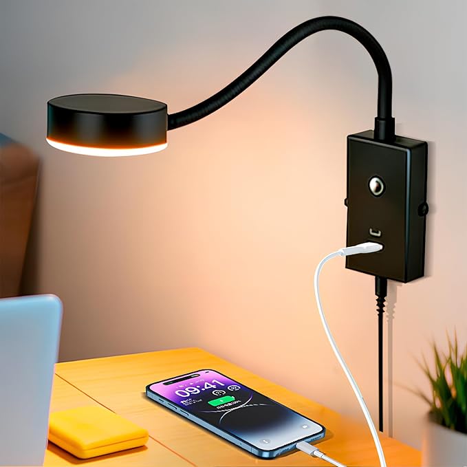 LED Wall Mounted Reading Light for Bed, Flexible Gooseneck Book Light for Wall Bedside Lamp with USB-A/C Output,Touch Control 5 Dimmable Headboard Bed Lights