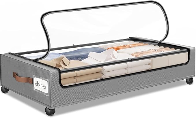 Under Bed Storage with Wheels 1Pack Storage Containers with Clear Window | Under Bed Drawers Rolling Under Bed Storage for Clothes,Shoes, Blankets (30.71 x 16.93 x 6.69 in, Light Grey)