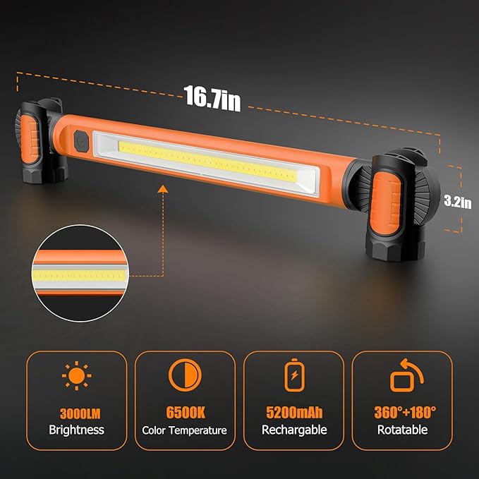 Mechanic Work Light, wokelux 3000LM LED Work Light, 5200mAh Rechargeable Magnetic Work Light, Underhood Cordless Work Lights with Hooks for Mechanics Inspection Workshop Emergency