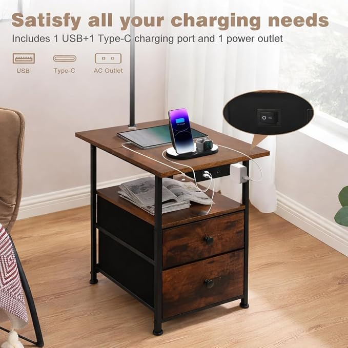 PESRAE Floor Lamp with Table & 2 Drawers, End Table with 3 Color Temperature Reading Light, Side Table Lamp with USB & Type C & AC Charging Port for Living Room, Bedroom (Rustic Fusion Brown)