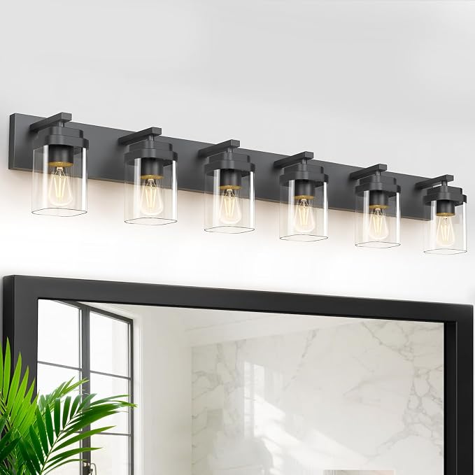 Black Bathroom Light Fixtures, 6 Lights Bathroom Lighting Fixtures Over Mirror, Square Design & Rectangle Large Backplate, Modern Vanity Lighting Fixtures, for Bathroom/Living Room/Bedroom