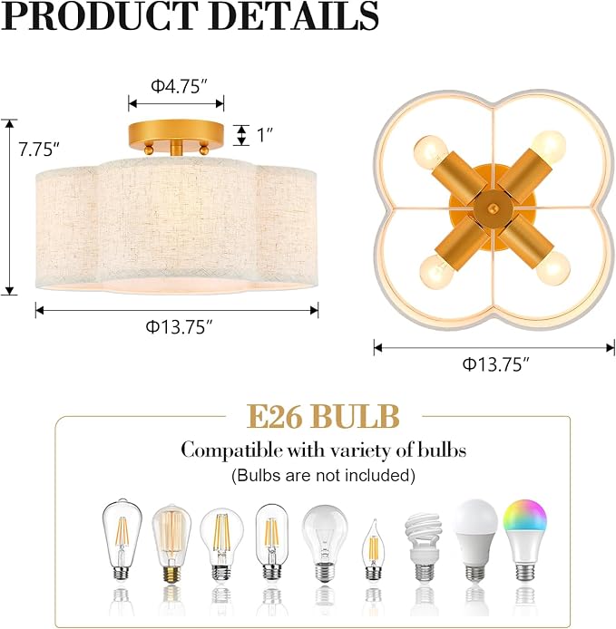 VILUXY Semi Flush Mount Ceiling Light Fixture, 4-Light Modern Ceiling Lights with Linen Shade Farmhouse Gold Close to Ceiling Light for Bedroom Hallway Nursery Entryway, UL Listed