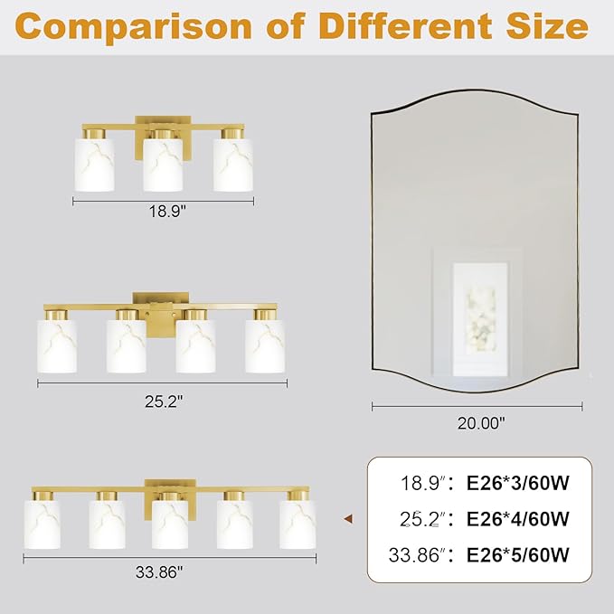 4-Light Bathroom Light Fixtures, Modern Vanity Lights, Gold Metal Wall Lamp with White Marble Glass for Bathroom, Mirror, Living Room, Bedroom, Cabinet, Porch, Hallway, E26 Base