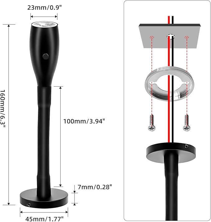 THALASSA Black RV 12V Flexible Gooseneck Reading Light Red Night Light Mode for Map, Camper Van Wall Sconce for 10V-30V System of Caravan Motorhome Trailer