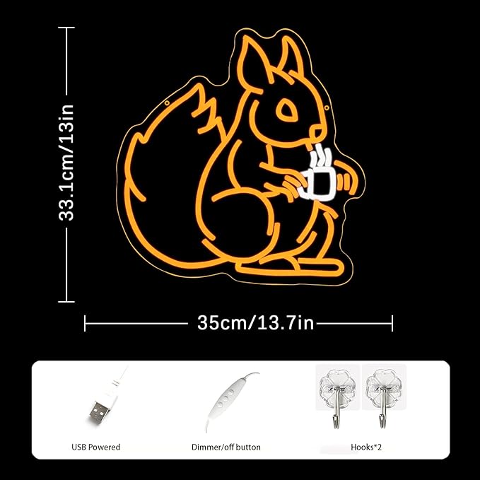 Squirrel Drinking Coffee Neon Sign Squirrel Led Sign Coffee Shop Neon Bar Sign Animal Light Sign Dimmable LED Neon Light for Bar Gaming Room Business Shop Decoration