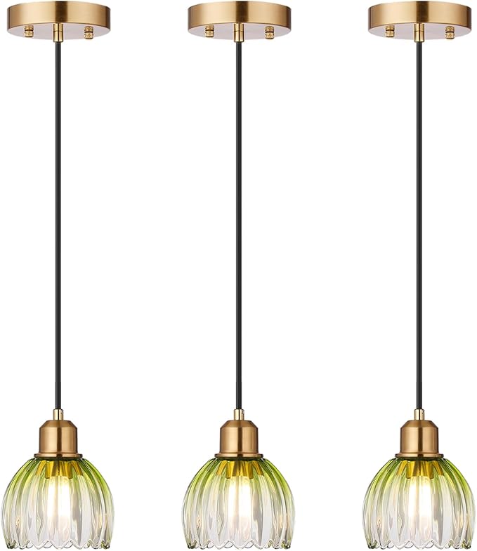 TALOYA 3 Pack Green with Tulip Glass Pendant Light, Vintage Hanging Light | Adjustable Farmhouse Mini Pendant Lighting Fixture for Kitchen Island, Dining Room, Bedroom, Hallway & Bar Decor