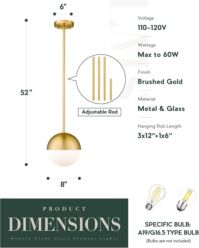 Modern Pendant Lighting Gold Globe Pendant Light Fixture, Mid Century Chandelier One Light Hanging Fixture for Kitchen Island, Adjustable Indoor Lighting for Dinning Room Bedroom, LMS-187
