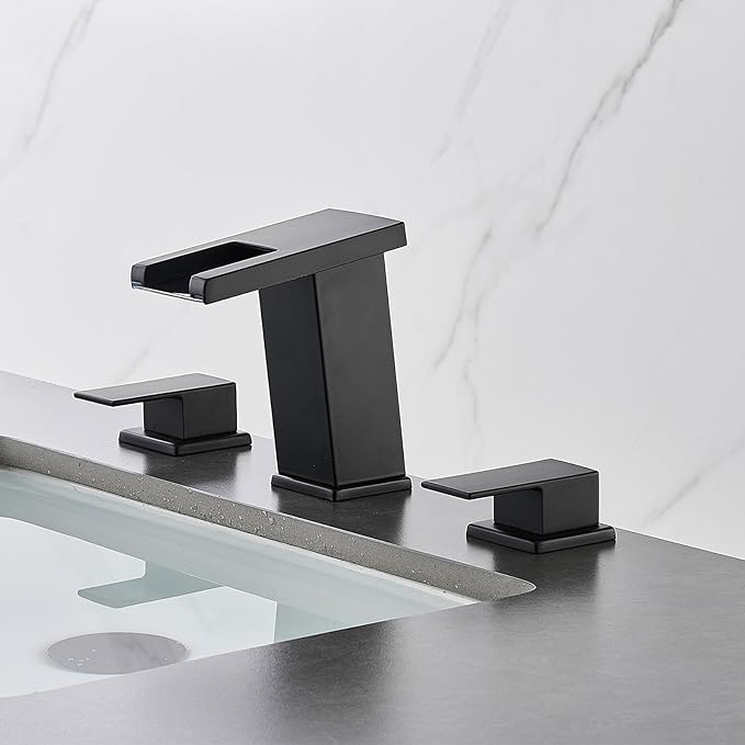 LED Bathroom Faucet 3 Hole, Matte Black Waterfall Bathroom Faucets, 8 Inch Widespread Modern Bathroom Sink Faucet & Parts, Wide Spread Touch On Three Hole 2 Handle Bathroom Vanity Faucet