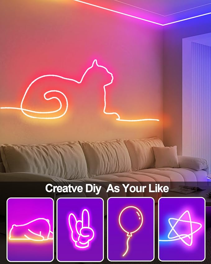 16.4Ft Smart Neon Rope Lights USB, LED Rope Lights IC & RGB Color Changing | Neon Strip Lights Outdoor Waterproof DIY with APP Control Music Sync for Gaming Room Living Indoor Decor