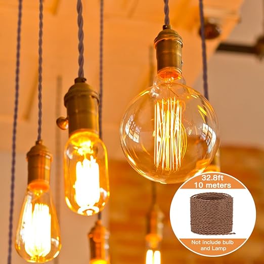 Helunsi 32.8ft Twisted Cloth Covered Wire, 2 Core Mahogany Brown Cloth Covered Electrical Wire, 18 Wire Gauge Fabric Covered Lamp Cord, Vintage Twisted Cloth Covered Wire, for DIY Lamp-Mahogany Brown