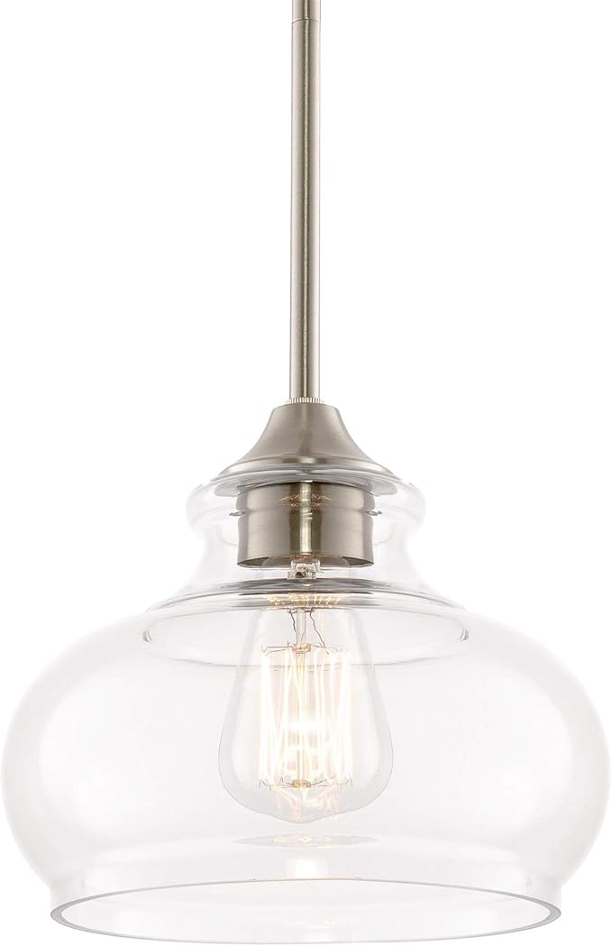 Kira Home Harlow 9" Modern Schoolhouse Pendant Light for Ktichen Island | Clear Glass Shade, Industrial Farmhouse Silver Hanging Fixture, Premium Brushed Nickel Finish