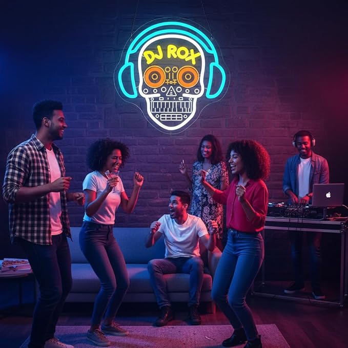 DJ Neon Sign for Wall Decor Dimmable DJ Skull Neon Light for Man Cave Birthday Gifts for Music Fans LED Music Sign for Record Room Studio Dancing Hall Mexican Bar Art 12.7 * 12.5In (WZCP224)