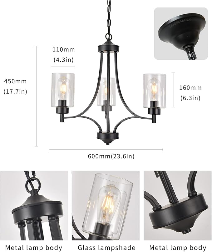 BOZO 3 Lights Black Chandeliers for Dining Room Light Fixture Over Table, Entryway Chandelier for Foyer, Hallway Lighting Fixtures with Glass Shade for Dining Room Kitchen Island Foyer Hallway