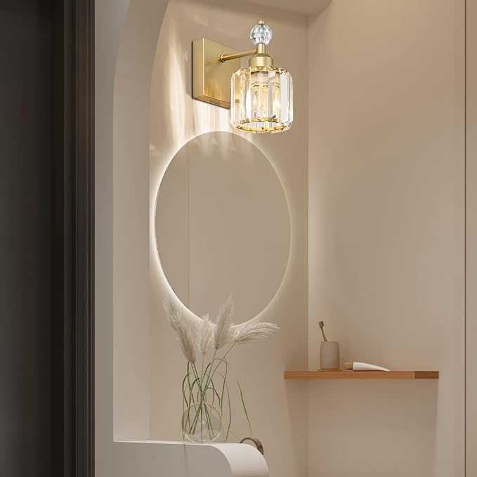 PRESDE Single Crystal Wall Sconce, Modern Gold Vanity Light Fixture, 1-Light Wall Lamp for Bathroom Bedroom Hallway