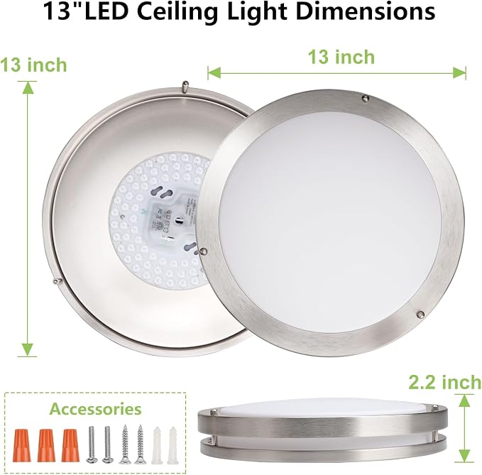 Flush Mount Ceiling Light - 4 Pack 13″‌ 36W 3000K/3500K/4000K/5000K/6000K Dimmable Led Ceiling Light Fixture for Kitchen Hallway Bedroom Bathroom (4, Brushed Nickel, 13)