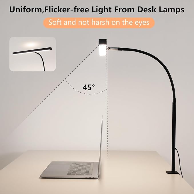 LED Desk Lamp for Office Home, Adjustable Flexible Eye-Caring Desk Light with,5 Modes 10 Brightness Adjustment, USB Adapter Desk Lamp with Clamp-T-B