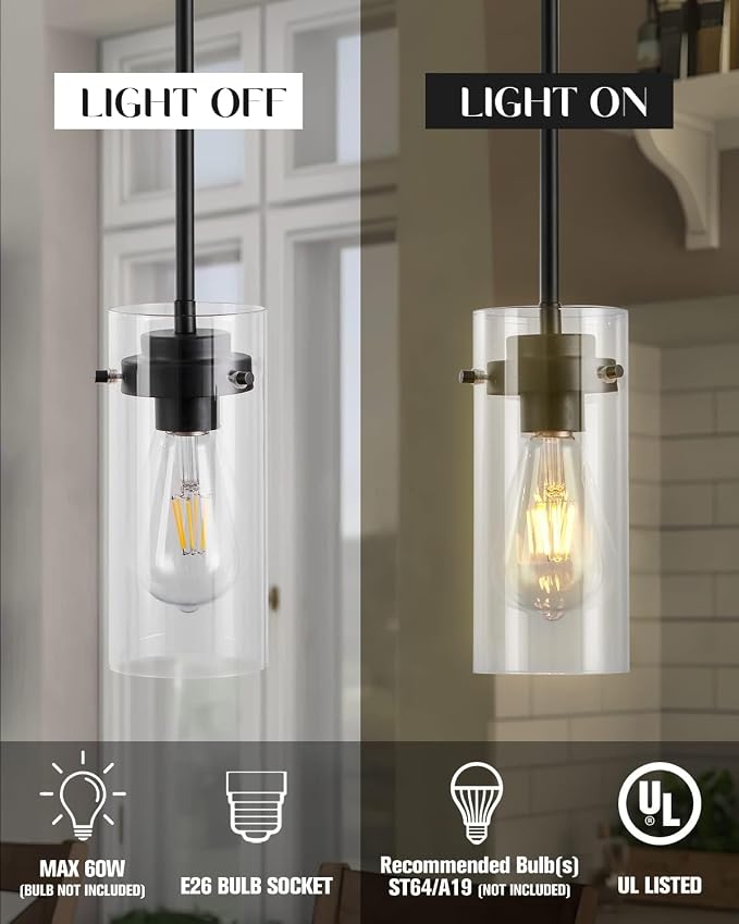 EAPUDUN Pendant Lights Kitchen Island (3 Pack), Clear Glass Shade Kitchen Lighting fixtures Ceiling Hanging, Black Pendant Lights for Kitchen Island,Dining Room,Corridor Bedroom E26 Base