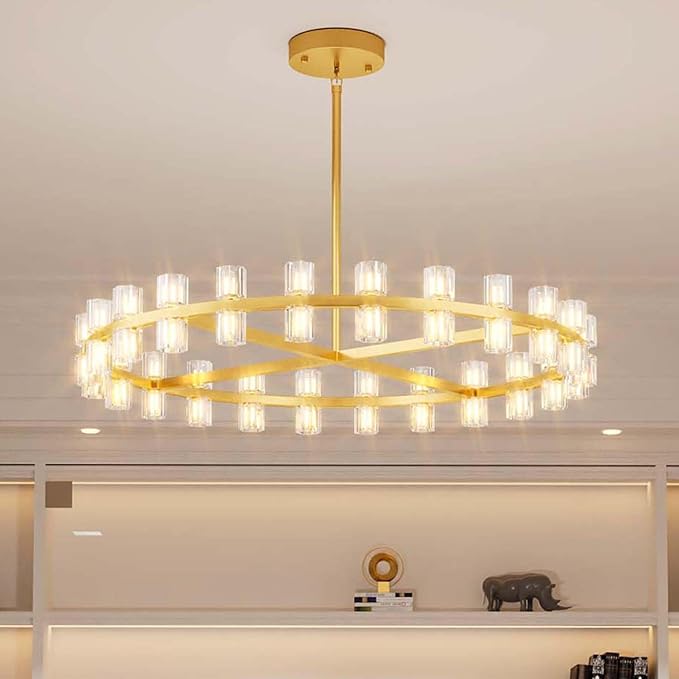 Dia 40" Gold Large Wagon Wheel Chandelier, 40-Lights Farmhouse Pendant Light Fixture, Round Rustic Hanging Lighting for Dining Room Kitchen Island Foyer Entryway