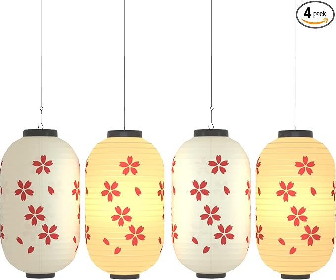 Traditional Japanese Style Beige White Silk Cherry Blossom Lantern 8 x 14 Inch, ZUEXT Set of 4 Waterproof Indoor Outdoor Festival Theme Birthday Party Home Yard Lanterns Japanese Eateries Decor