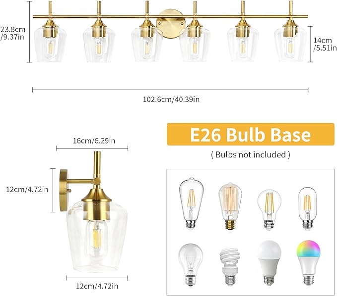 Bathroom Vanity Light Fixtures, Bathroom 6-Lights Over Mirror Modern Vanity Lighting with Clear Wine Glass Shade Wall Lamp for Bedroom Hallway Living Room (Gold, 6-Light)