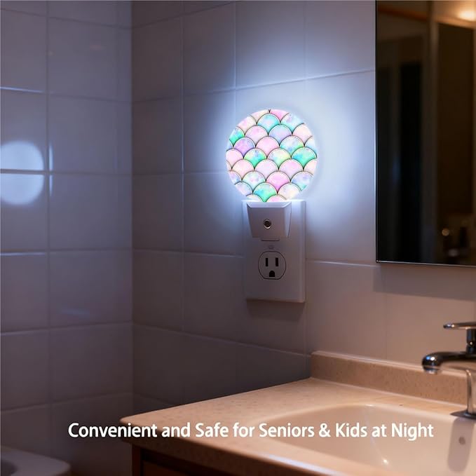 Plug-in Pink Purple Mermaid Scales Night Light Charming Fish Scales Night Lights Plug into Wall with Auto on/Off Sensor, 0.5W LED Nightlight for Bedroom Bathroom Kitchen Hallway