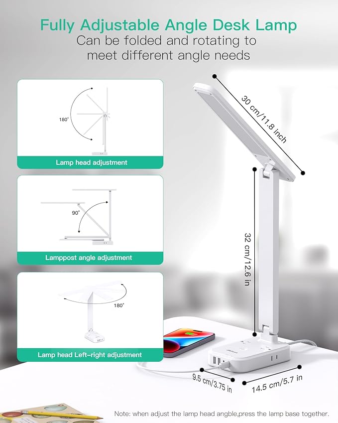 Mifaso 8-in-1 LED Desk Lamp with Power Strip, PD 30W Touch Desk Lamp, 4 Outlets & 4 USB Ports, Eye-Caring Dimmable Table Lamp with 5FT Extension Cord for Home Office College Dorm Room Essentials